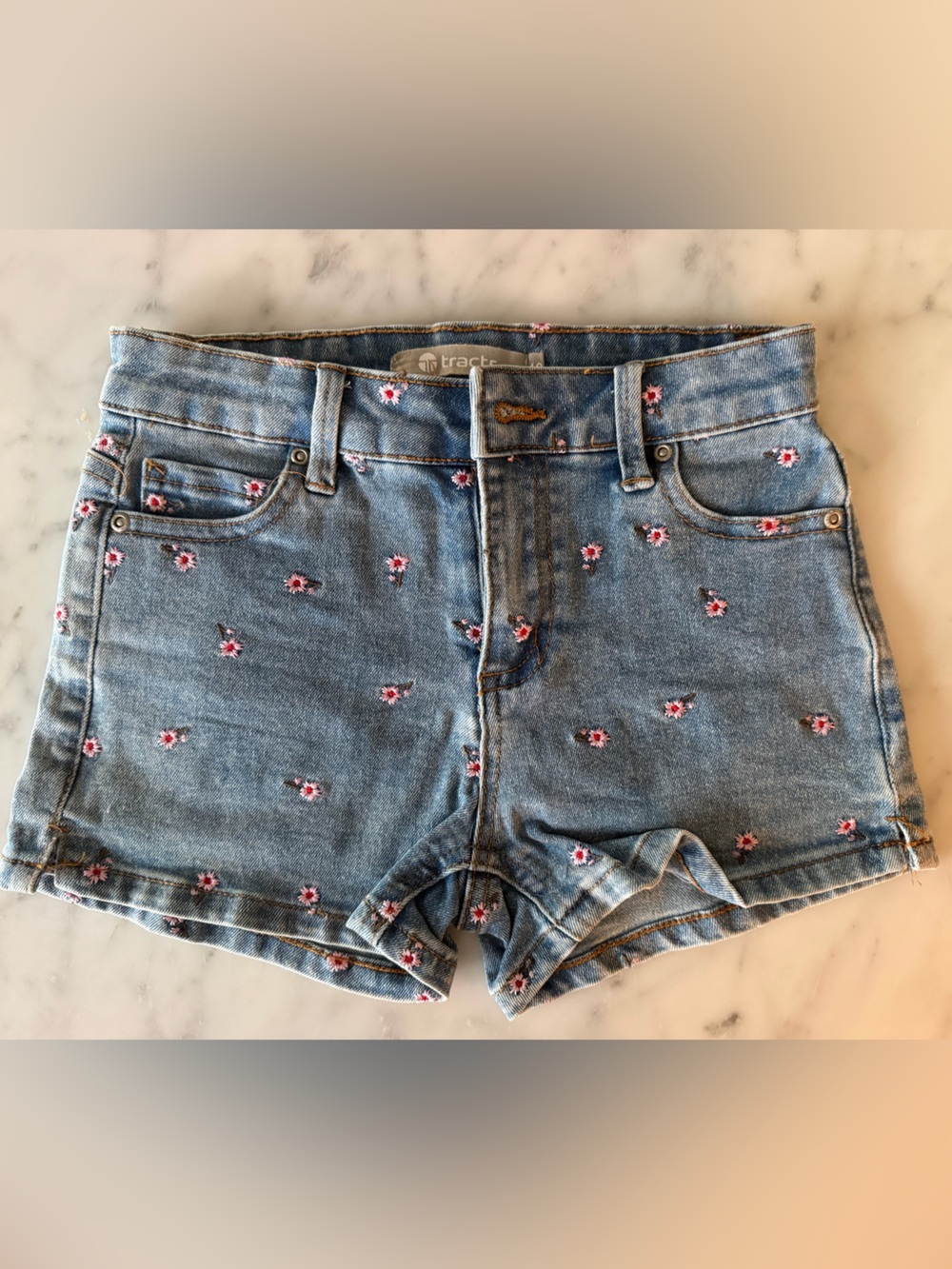 Tractr Blue Denim Shorts with Pink & White Floral Embroidery